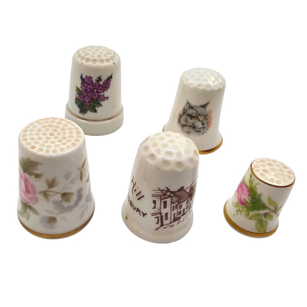 Vintage Fine Bone China Thimbles Set 5 Minton Sutherland England Floral Cat O7